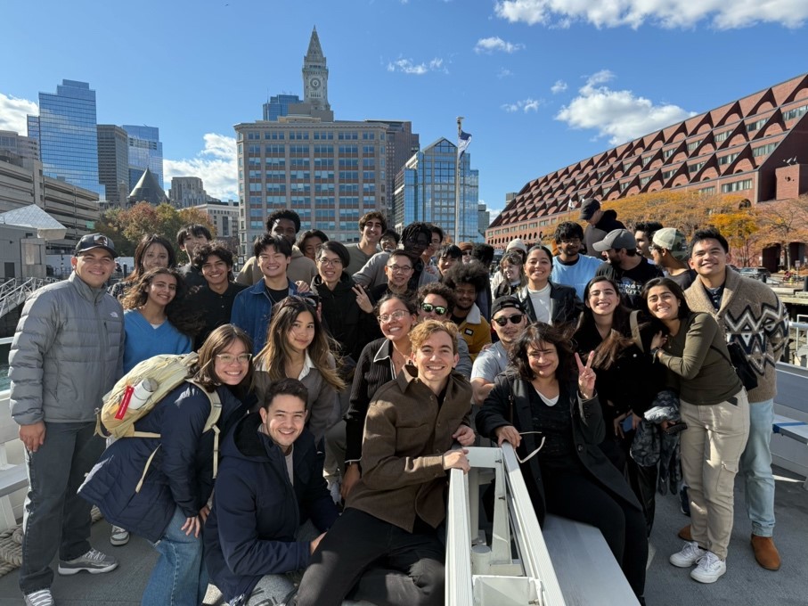 MIT transfer students pose on the Boston Harbor cruise